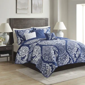 6 Piece Printed Cn Quilt Set with Throw Pillows Indigo King Cal King