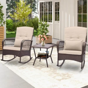 3 PCS Patio Rocker Set Outdoor Wicker Rocking Chairs
